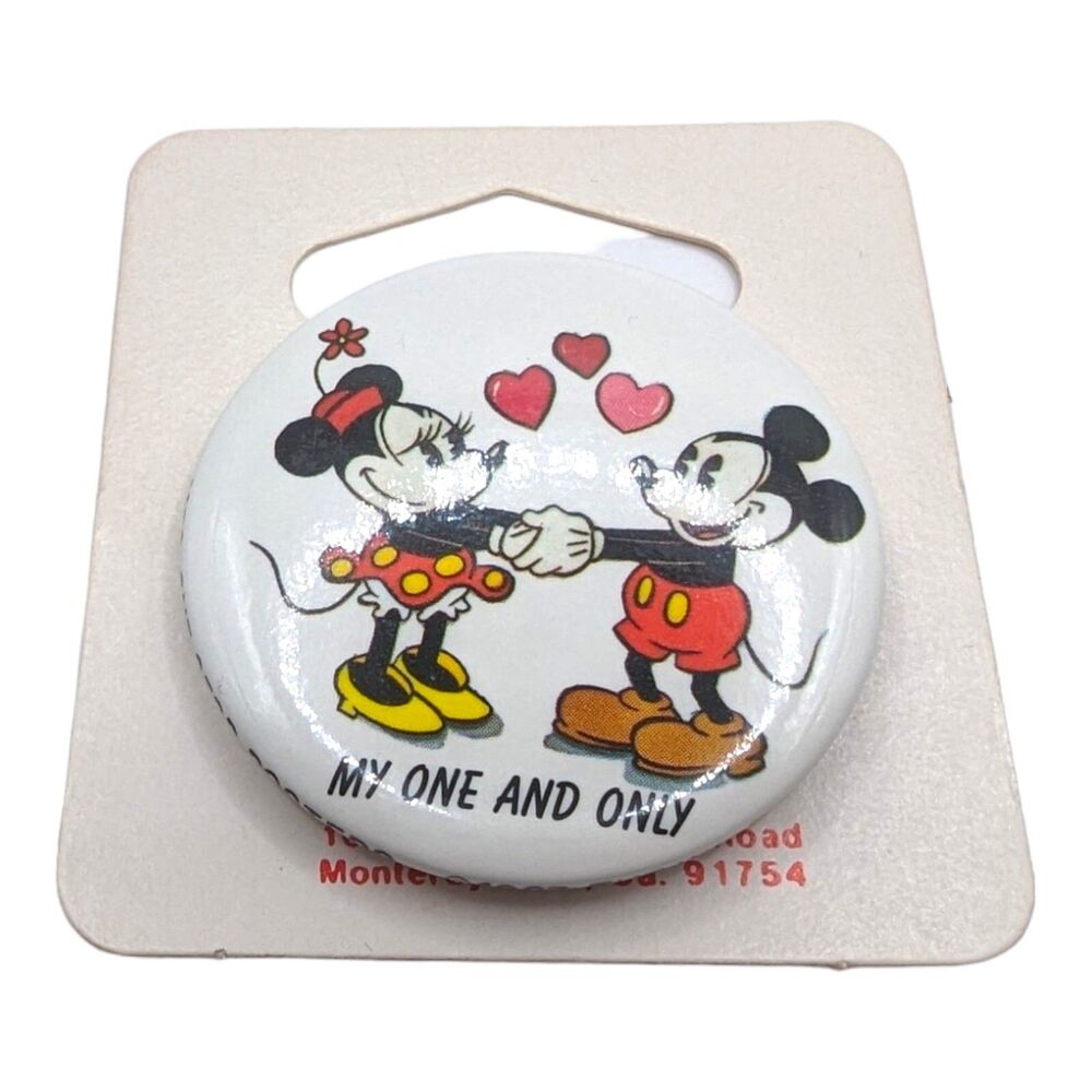 Vintage Mickey & Minnie Mouse Pinback Button Disney Hearts Love